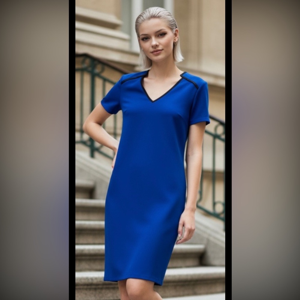 New ST. JOHN Cobalt Blue Dress Wool Shift Sheath Sweater Knit Navy Silk Trim